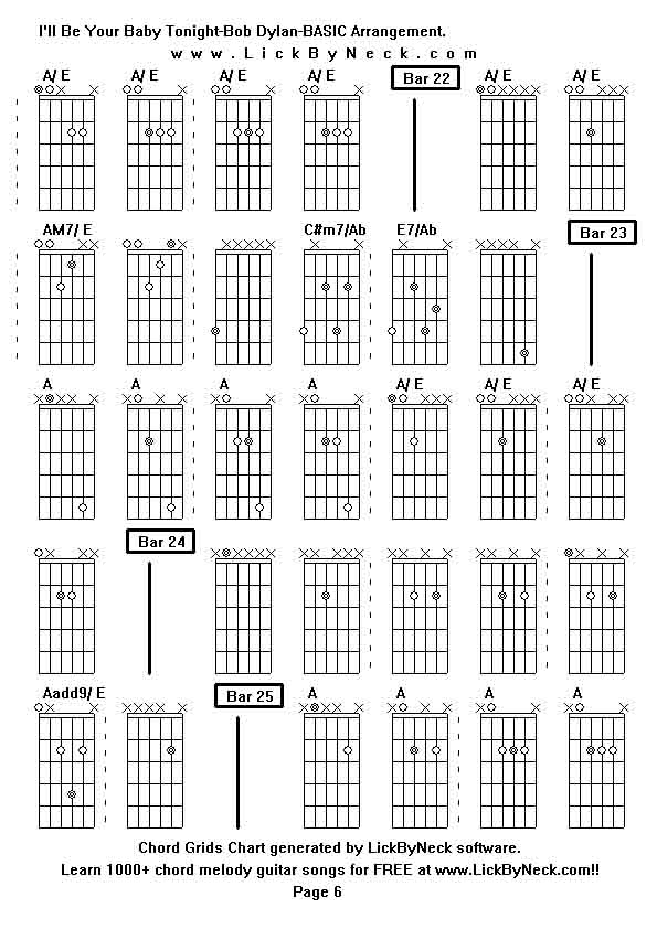 Chord Grids Chart of chord melody fingerstyle guitar song-I'll Be Your Baby Tonight-Bob Dylan-BASIC Arrangement,generated by LickByNeck software.